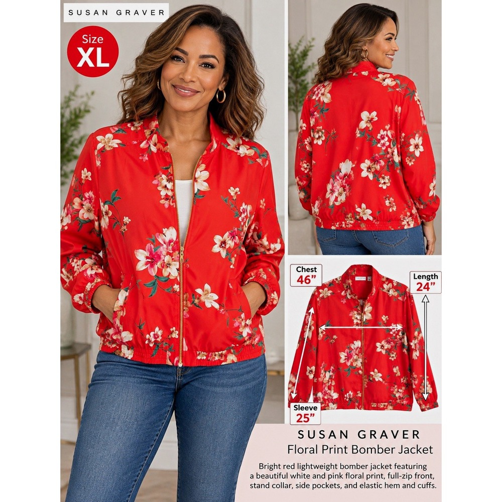 Susan Graver Women's Floral Print Bomber Jacket Red Full Zip Pockets XL